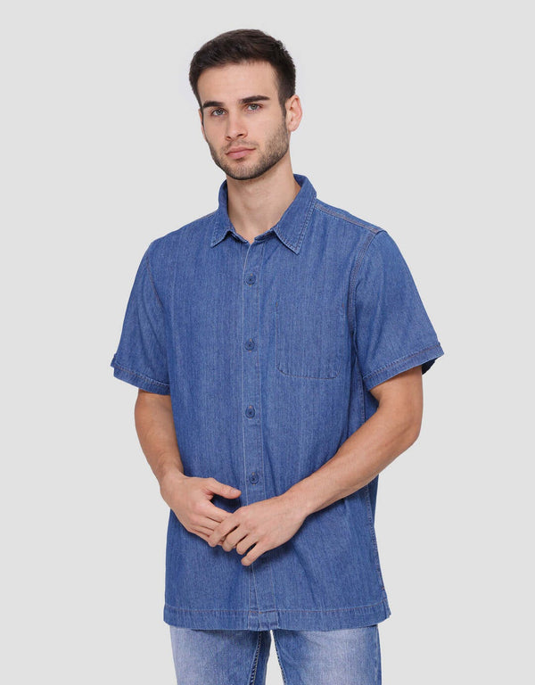 Mens Classic Denim Shirt with Chest Pocket Short Sleeve Casual Top