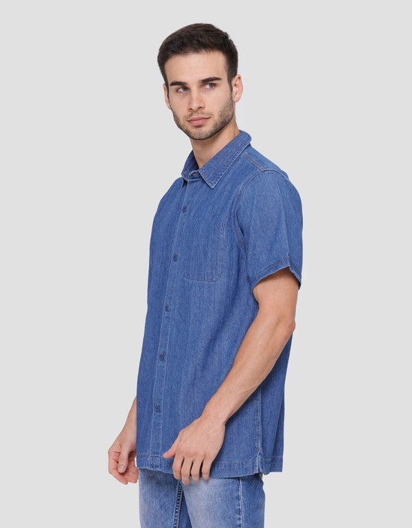 Mens Classic Denim Shirt with Chest Pocket Short Sleeve Casual Top - Image 2