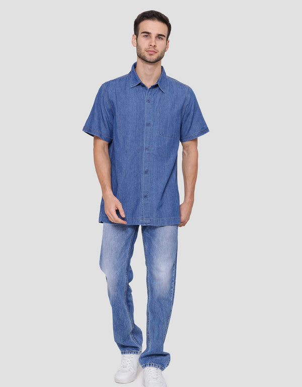 Mens Classic Denim Shirt with Chest Pocket Short Sleeve Casual Top - Image 4