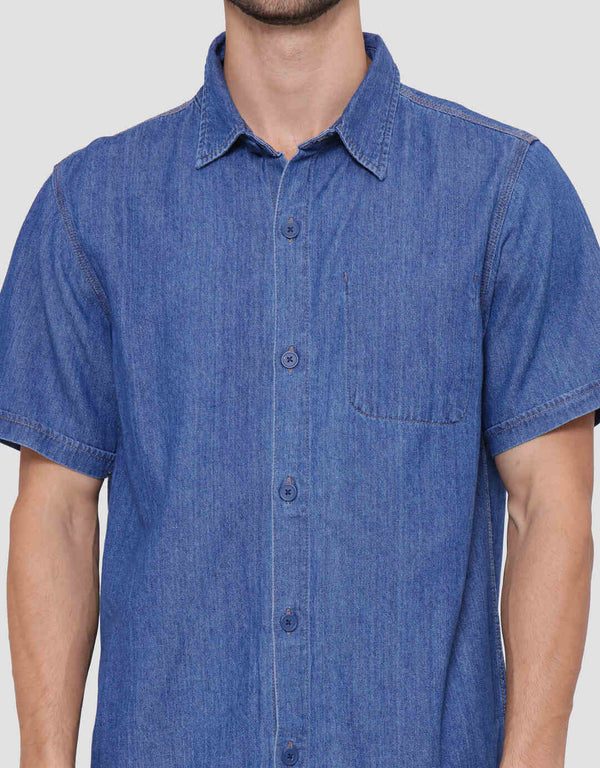Mens Classic Denim Shirt with Chest Pocket Short Sleeve Casual Top - Image 5