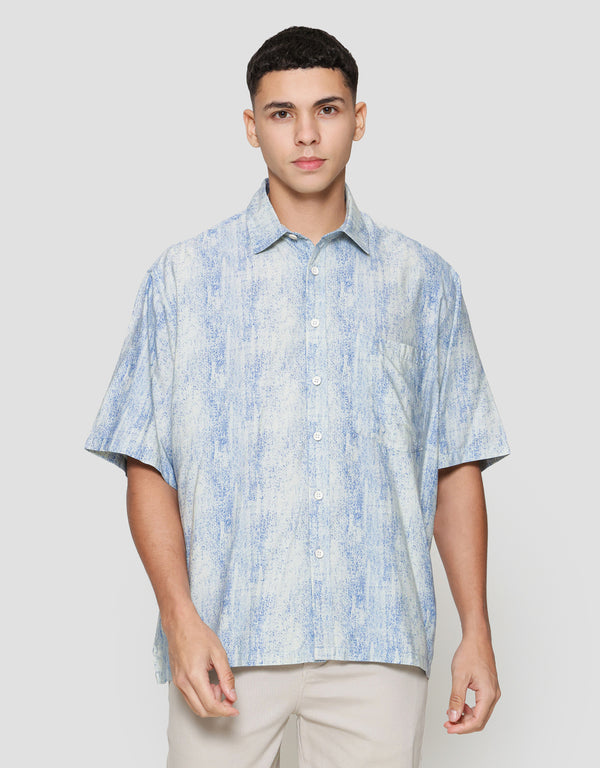 Men’s Short Sleeve Denim Print Shirt – Casual Cotton Button Down